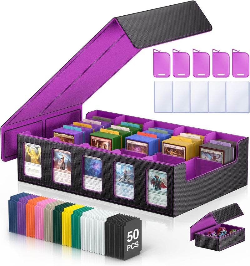 MORCCO Trading Card Storage Box 5-Row 3900+ Capacity,TCG MTG Card Case with Magnetic Lid & Commander Display,Top Loader Storage for Sports Cards,Includes Dividers Dice Box（Black Purple） - Image 1